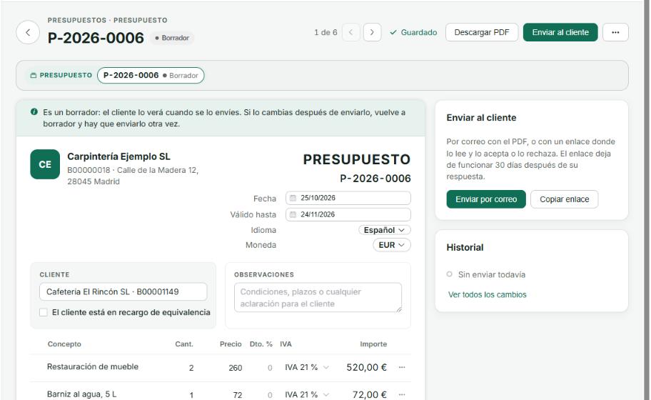 Presupuesto aceptado en línea